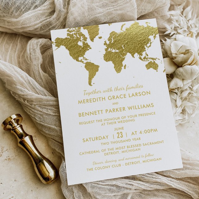 Elegant Gold World Map Wedding Invitation (Creator Uploaded)