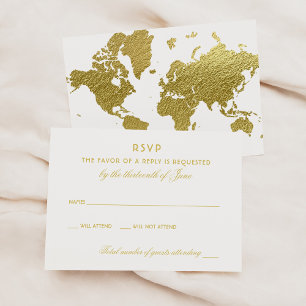 Elegant Gold World Map Wedding RSVP Card