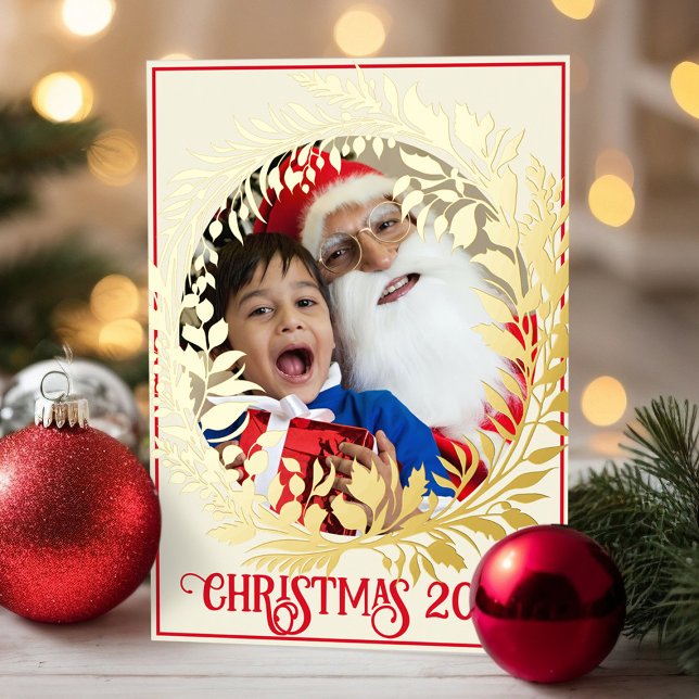 Elegant Gold Wreath Christmas Photo Year & Picture Foil Prints (Elegant gold foil wreath Christmas photo poster)