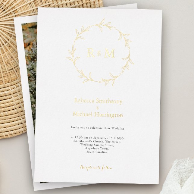 Elegant Gold Wreath Monogram Wedding Invitation (Creator Uploaded)