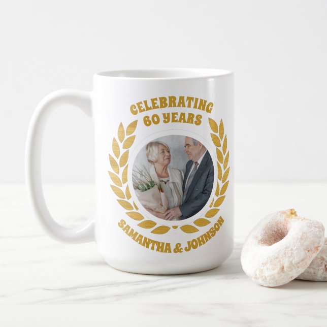 Elegant Gold Wreath Photo 60th Wedding Anniversary Coffee Mug (With Donut)