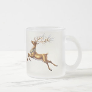 Elegant Gold Wreath reindeer Moose merry Xmas Frosted Glass Coffee Mug
