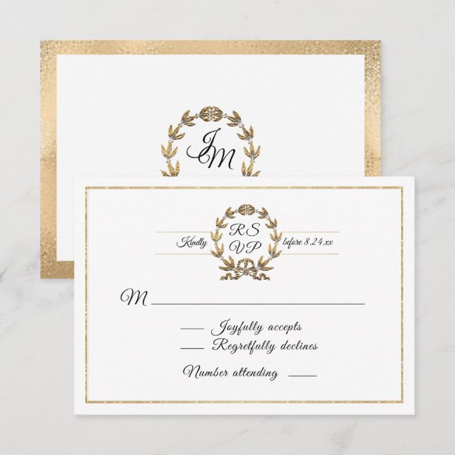Elegant Gold Wreath White Script Calligraphy RSVP Card (Front/Back)