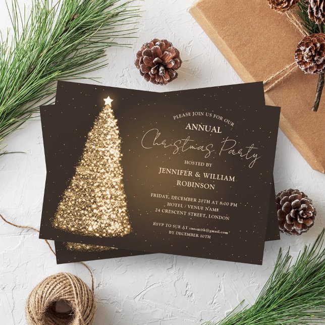 Elegant Gold Xmas Tree Sparkle Holiday Party Invitation (Elegant Gold Xmas Tree Sparkle Holiday Party Invitation)