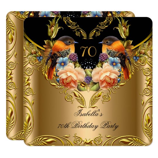 Elegant Gold Yellow Bird Black 70th Birthday Invitation