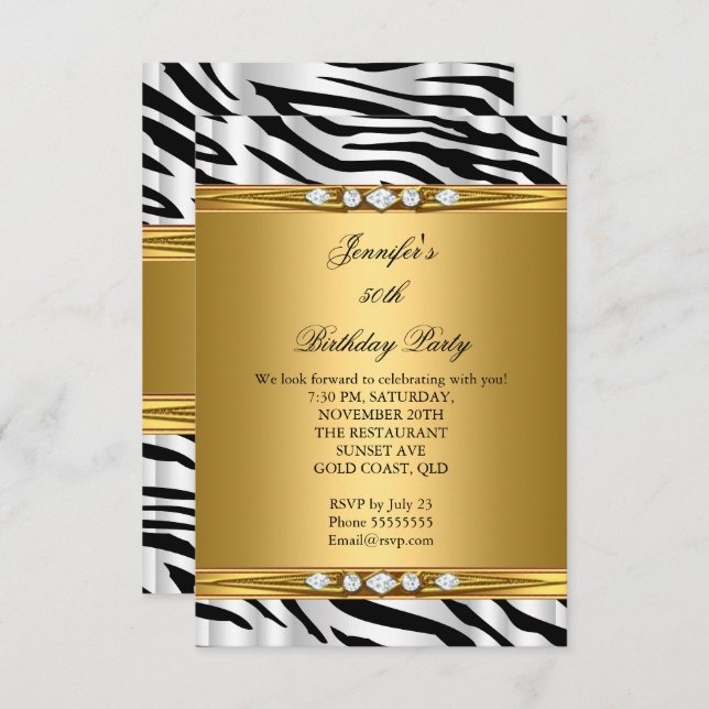 Elegant Gold Zebra Black Silver Diamond Birthday 2 Invitation (Front/Back)