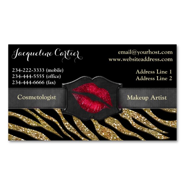 Elegant Gold Zebra Glitter Kiss Cosmetologist Magnetic Business Card (Front)