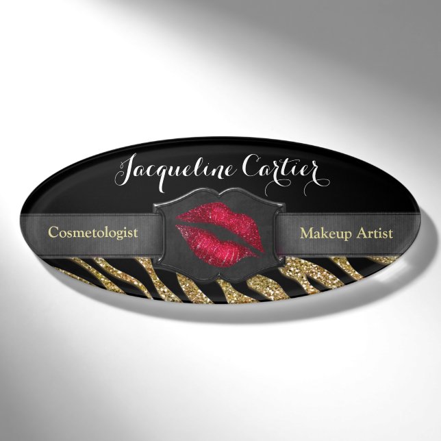 Elegant Gold Zebra Glitter Kiss Name Tag (Front)