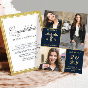 Elegant Golden 3 PHOTO Nursing Graduation Party Invitation