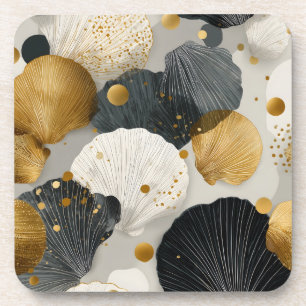 Elegant Golden and Charcoal Scallop Shell Pattern Coaster