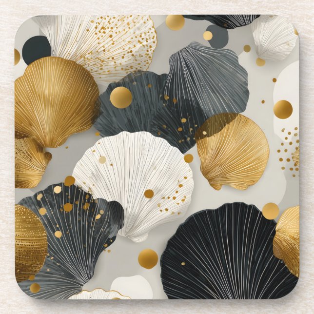Elegant Golden and Charcoal Scallop Shell Pattern  Coaster (Front)