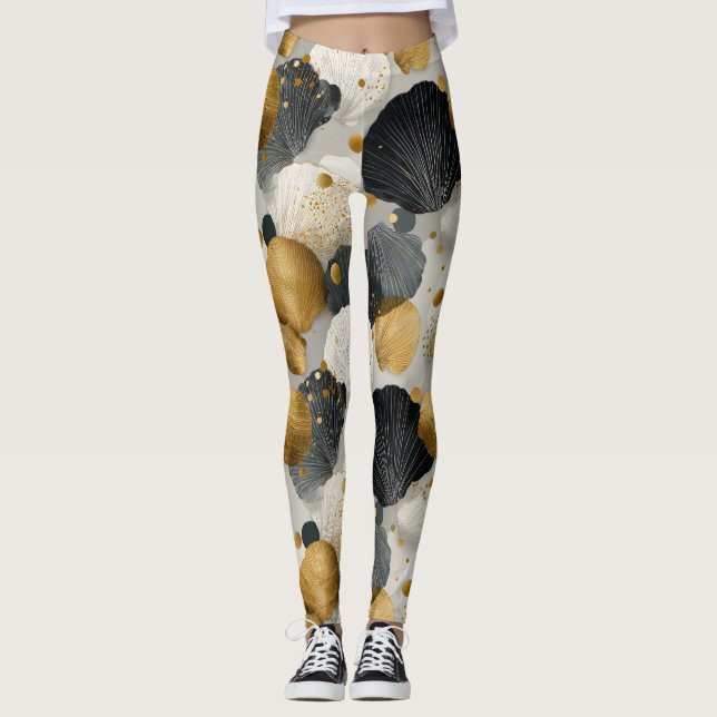 Elegant Golden and Charcoal Scallop Shell Pattern  Leggings (Front)