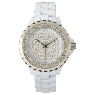 Elegant Golden and White Dot Mandala Flower Watch