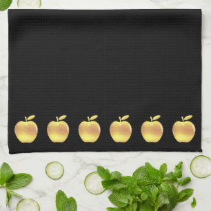 Elegant Golden Apples on Black Tea Towel