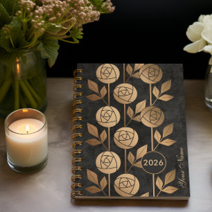 Elegant Golden Art Deco Roses on Black Background Planner