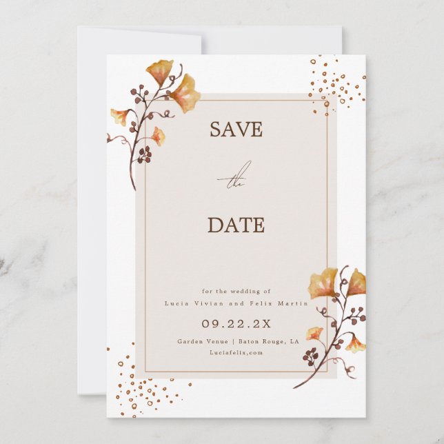 Elegant Golden Autumn Leaf  Save The Date Invitation (Front)