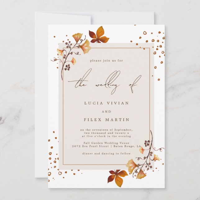 Elegant Golden Autumn Leaf Wedding Invitation (Front)