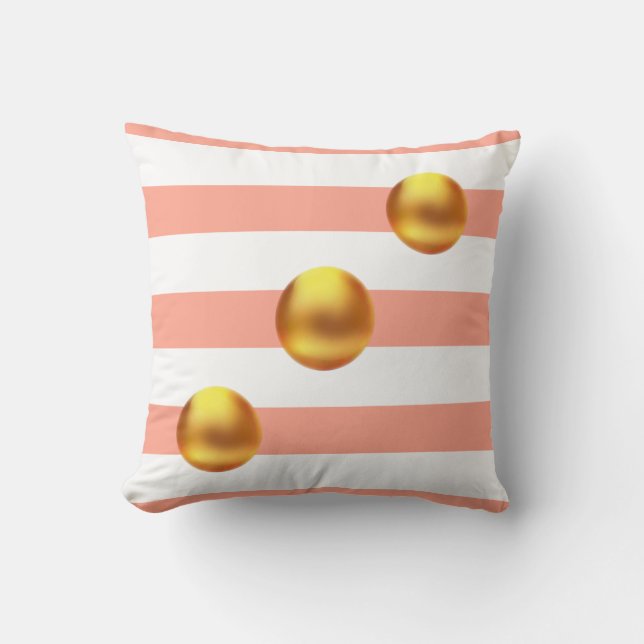 Elegant Golden Balls on Pink and White Striped Cushion (Front)