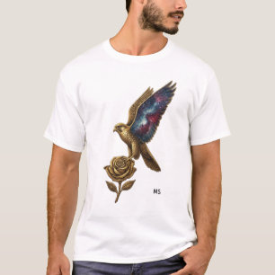 Elegant Golden Bird and Rose Art T-Shirt