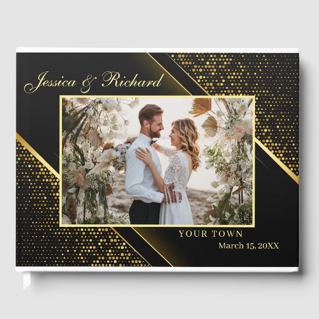 Elegant Golden Black Wedding PHOTO Guest Book (Front)