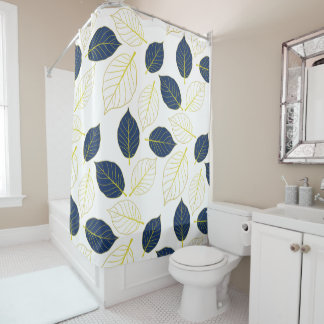 Elegant Golden & Blue Leaf | Botanical Pattern Shower Curtain