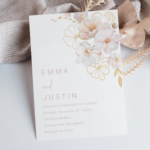 Elegant Golden Blush Botanical Wildflowers Wedding Invitation