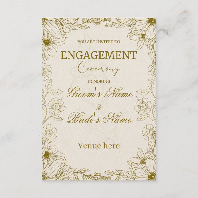 Elegant Golden Botanical Engagement Invitation (Front)