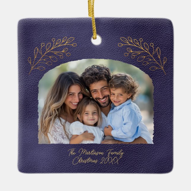 Elegant Golden Branches Arch Photo Blue Ceramic Ornament (Front)