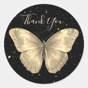 Elegant golden Butterfly and black sky with stars  Classic Round Sticker