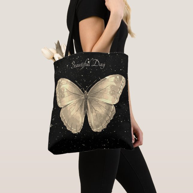 Elegant golden Butterfly and black sky with stars Tote Bag (Close Up)