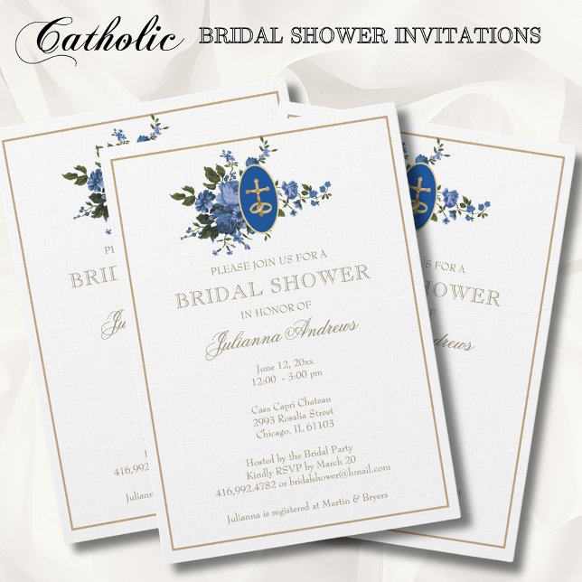 Elegant Golden Catholic Bridal Shower Blue Flowers Invitation (Creator Uploaded)