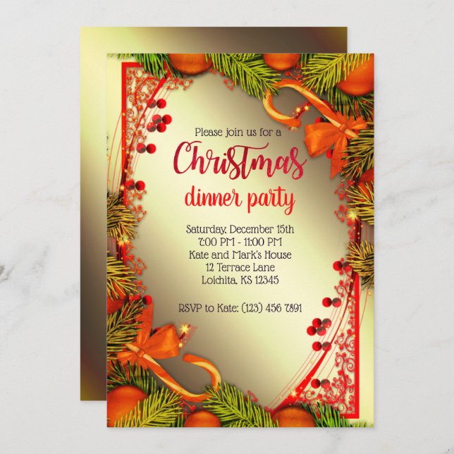 Elegant Golden Christmas Dinner Party Invite (Front/Back)