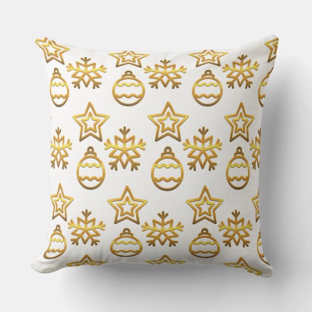 Elegant Golden Christmas Pattern on White Cushion (Front)