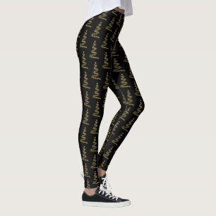 Elegant Golden Christmas Tree Black Leggings