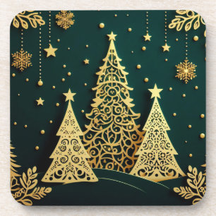 Elegant Golden Christmas Tree Pattern Coaster