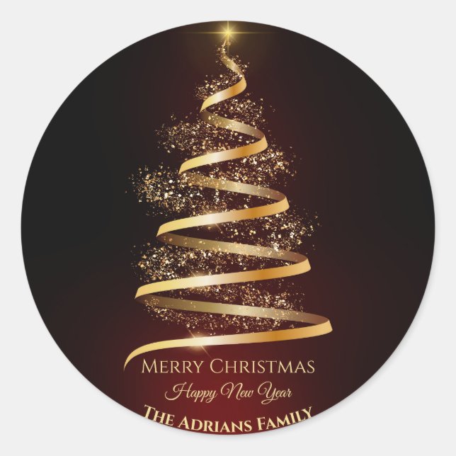 Elegant golden Christmas Tree with sparkle light Classic Round Sticker (Front)