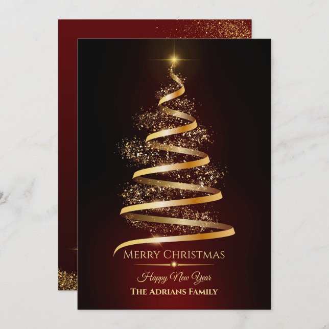 Elegant golden Christmas Tree with sparkle light Holiday Card (Front/Back)