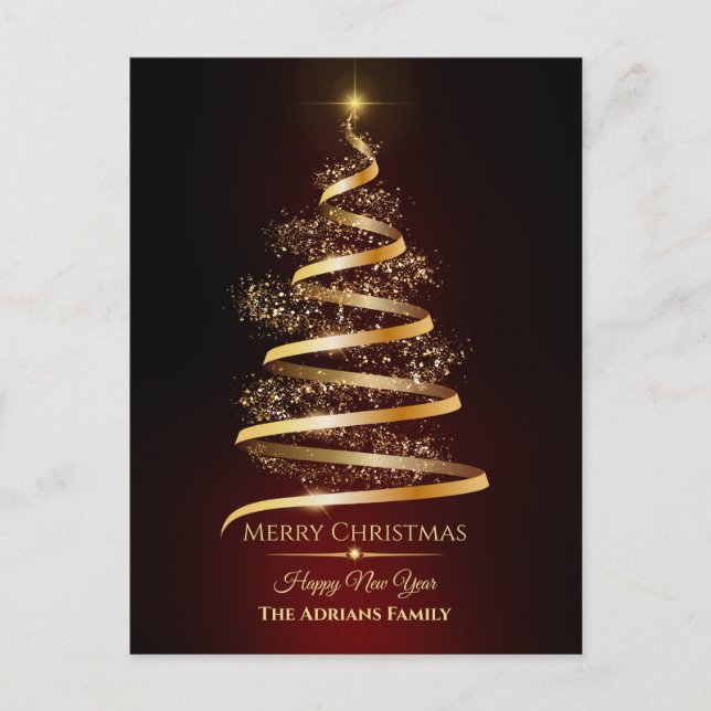 Elegant golden Christmas Tree with sparkle light Holiday Postcard (Front)