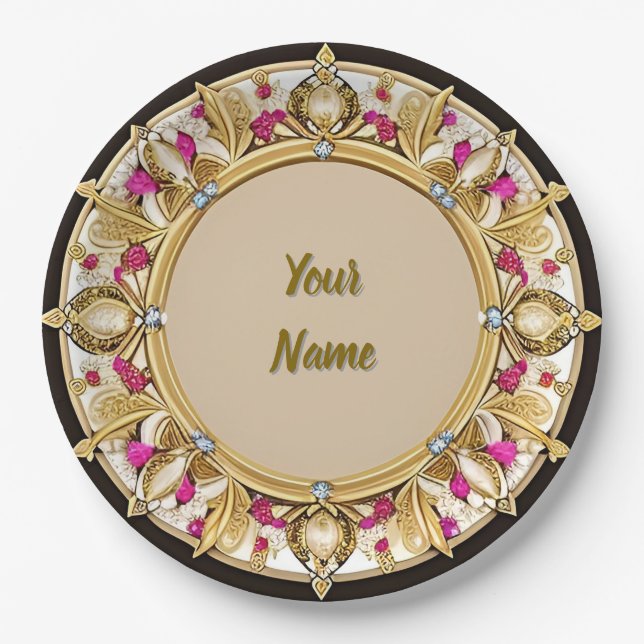 Elegant Golden Circular Frame Paper Plate (Front)