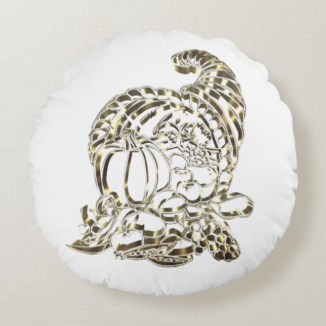 Elegant Golden Cornucopia Happy Thanksgiving Round Cushion (Front)