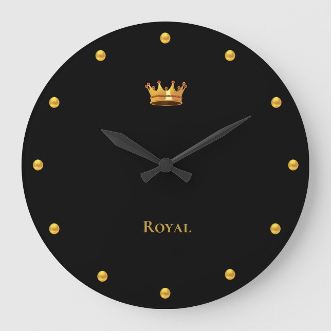 Elegant Golden Crown & Golden Dots on Black Large Clock (Front)