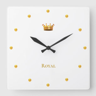 Elegant Golden Crown & Golden Dots on White Square Wall Clock