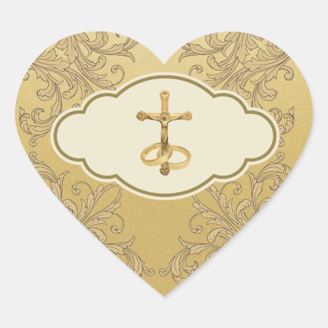 Elegant Golden Crucifix Wedding Rings  Heart Stick Sticker (Front)