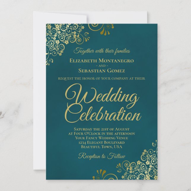 Elegant Golden Curls on Teal QR Code Wedding Invitation (Front)