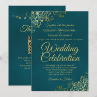 Elegant Golden Curls on Teal QR Code Wedding