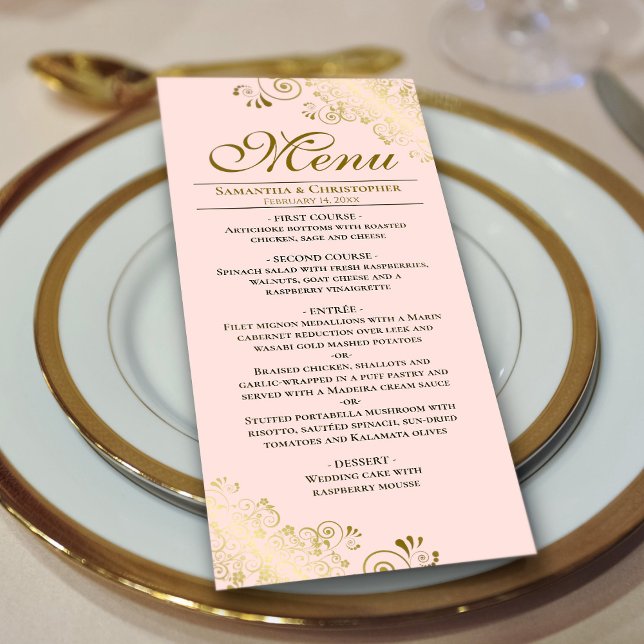 Elegant Golden Curls & Swirls Blush Pink Wedding Menu (On Plate)