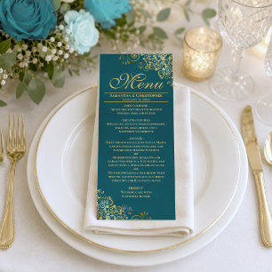 Elegant Golden Curls & Swirls on Teal Wedding Menu