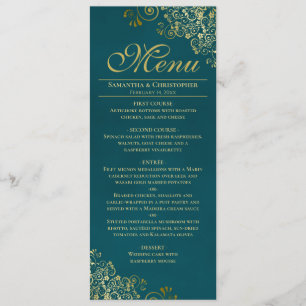 Elegant Golden Curls & Swirls on Teal Wedding Menu