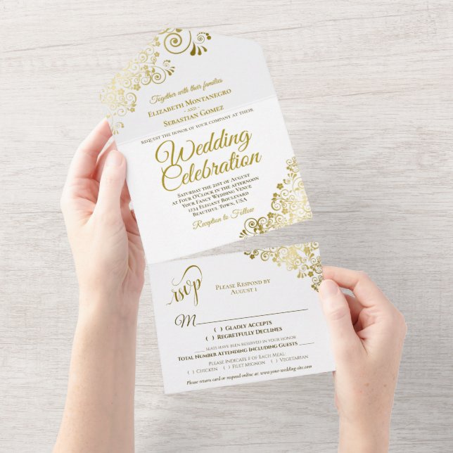 Elegant Golden Curls & Swirls on White Wedding All In One Invitation (Tearaway)