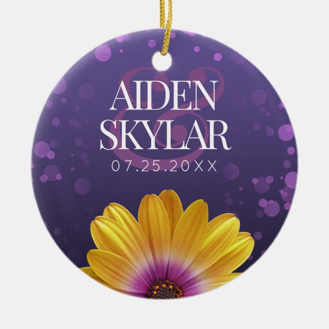 Elegant Golden Daisies with Purple Glitter Wedding Ceramic Tree Decoration (Front)